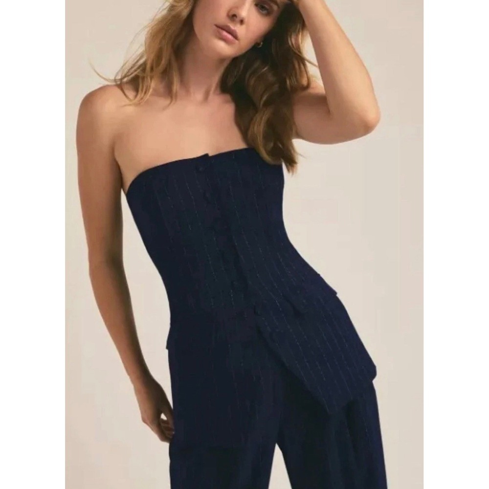 Moda Operandi Navy Pinstripe Strapless Bustier Corset Top Button Front Vest Sz 0
